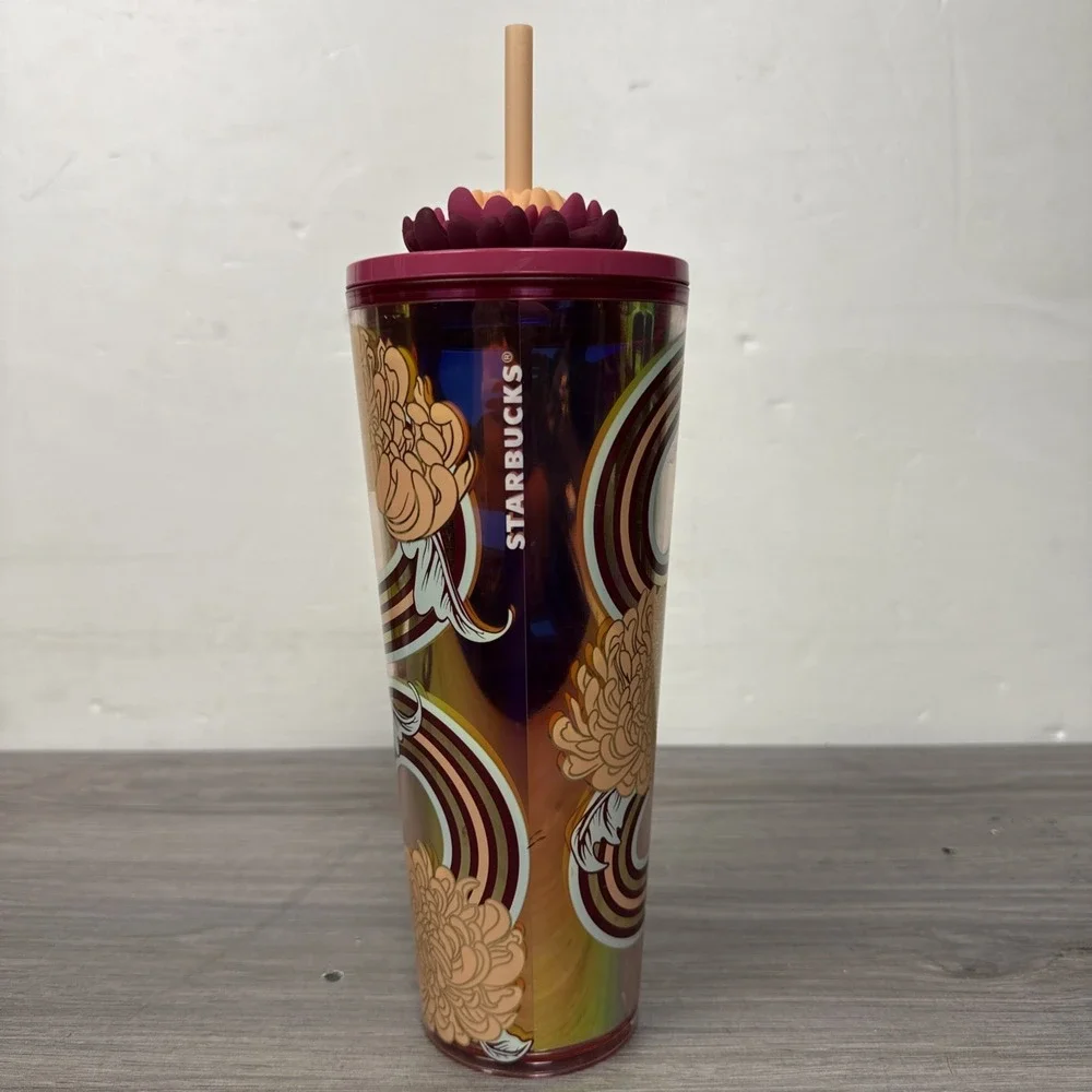 New Starbucks Holiday 2024 Cold Cup Tumbler Pink Gold Flower Straw Charm 24oz